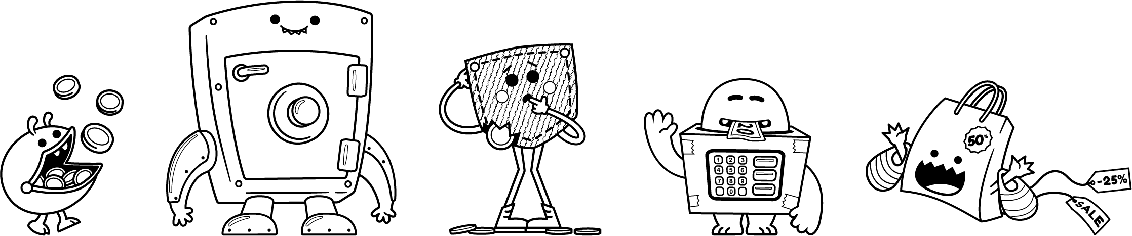 NatWest MoneySense game characters – black and white line art