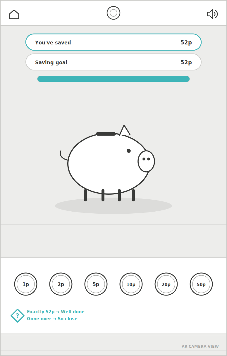 NatWest MoneySense wireframe – The Piggy Bank – Goal reached: 52p