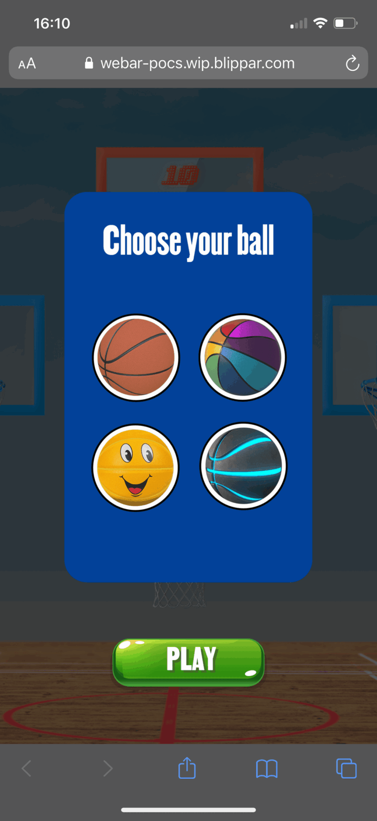 Hoop Heroes screen – ball selector