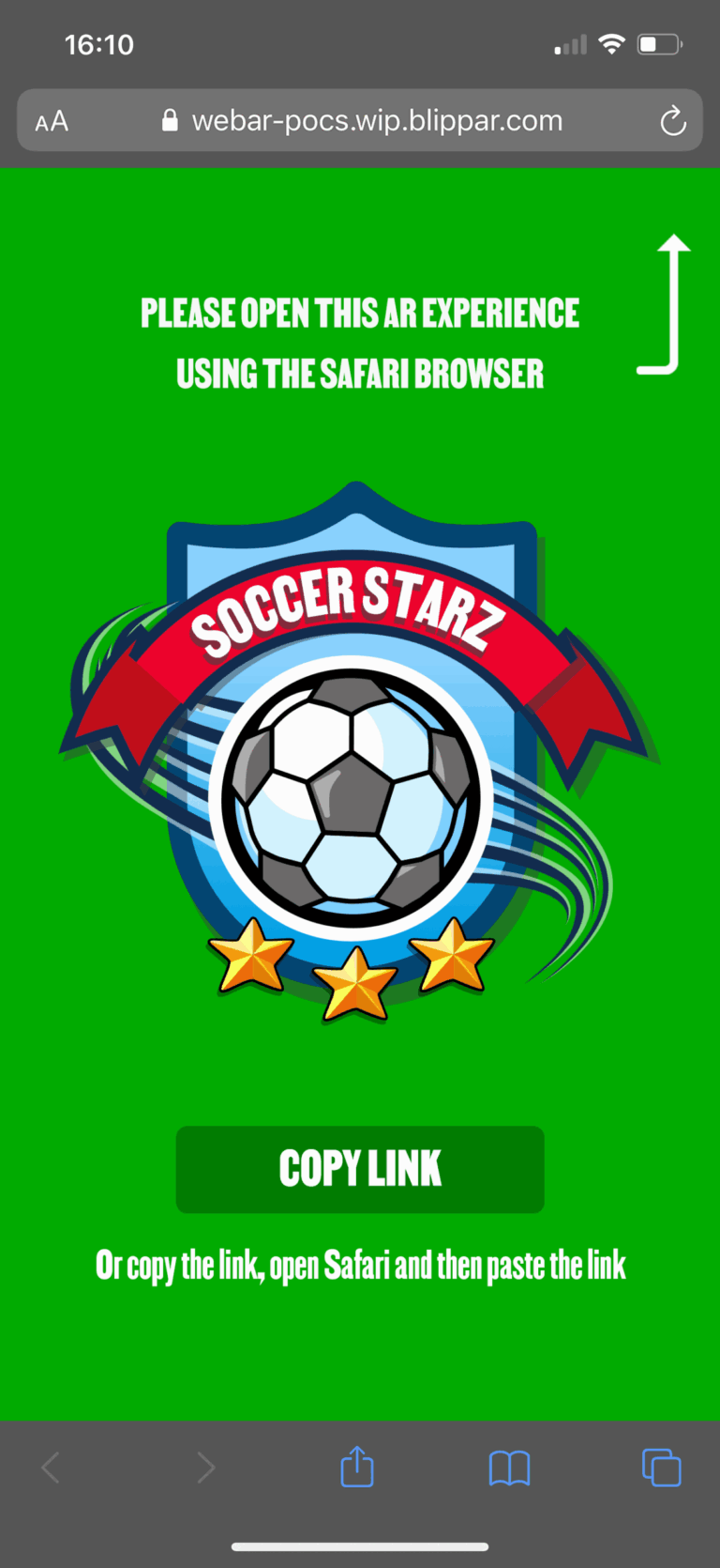 Soccer Scramble screen – browser prompt